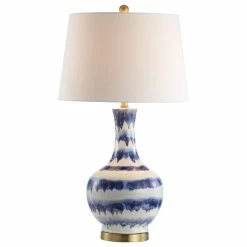 New 🎁 JONATHAN Y Tucker 30.5" Striped Ceramic And Metal LED Table Lamp, Blue, White 🎁