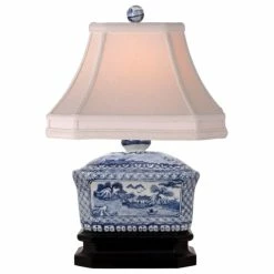 Flash Sale 👍 William Sung Blue And White Porcelain 🍬 Candy Box Table Lamp Blue Willow 15" 🥰