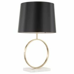 Outlet 🎁 LumiSource Moon Contemporary Table Lamp, White Marble, Gold Metal/Black Fabric Shade 👏