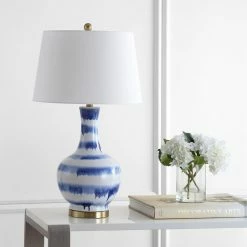 New 🎁 JONATHAN Y Tucker 30.5" Striped Ceramic And Metal LED Table Lamp, Blue, White 🎁 -Lamps Sales Store 4501a2e20387bfd8 1185 w800 h800 b0 p0