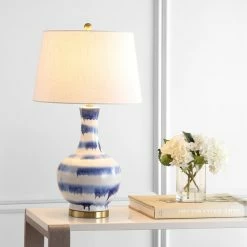 New 🎁 JONATHAN Y Tucker 30.5" Striped Ceramic And Metal LED Table Lamp, Blue, White 🎁 -Lamps Sales Store 72c1a4710387bfd2 1185 w800 h800 b0 p0