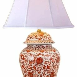 Hot Sale ❤️ William Sung Oriental Porcelain Orange And White Ginger Jar Lamp Lotus Pattern 29" 🤩