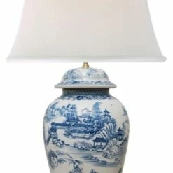 Hot Sale 😀 William Sung Beautiful Chinese Blue And White Blue Willow Porcelain Temple Jar Table Lamp 35" ❤️